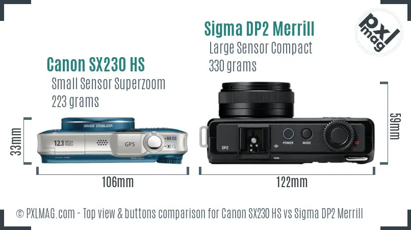 Canon SX230 HS vs Sigma DP2 Merrill top view buttons comparison Canon SX230 HS vs Sigma DP2 Merrill top view buttons comparison