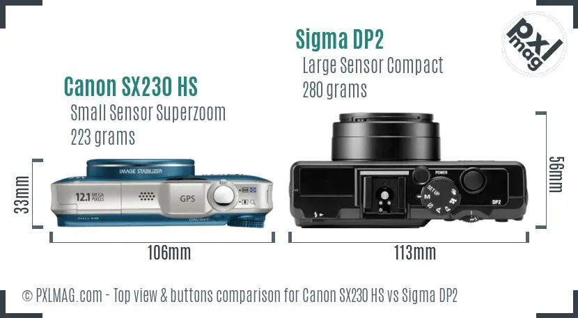 Canon SX230 HS vs Sigma DP2 top view buttons comparison