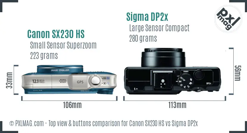 Canon SX230 HS vs Sigma DP2x top view buttons comparison Canon SX230 HS vs Sigma DP2x top view buttons comparison