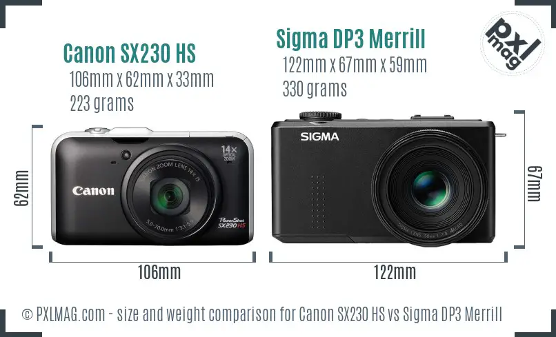 Canon SX230 HS vs Sigma DP3 Merrill size comparison