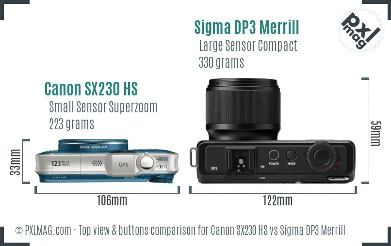Canon SX230 HS vs Sigma DP3 Merrill top view buttons comparison