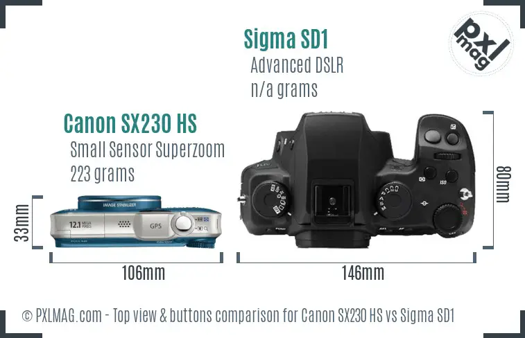 Canon SX230 HS vs Sigma SD1 top view buttons comparison