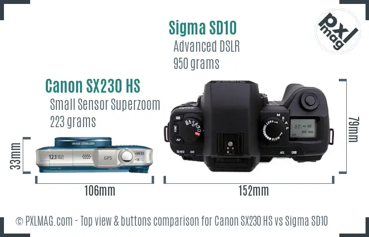 Canon SX230 HS vs Sigma SD10 top view buttons comparison