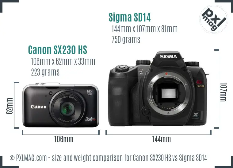 Canon SX230 HS vs Sigma SD14 size comparison