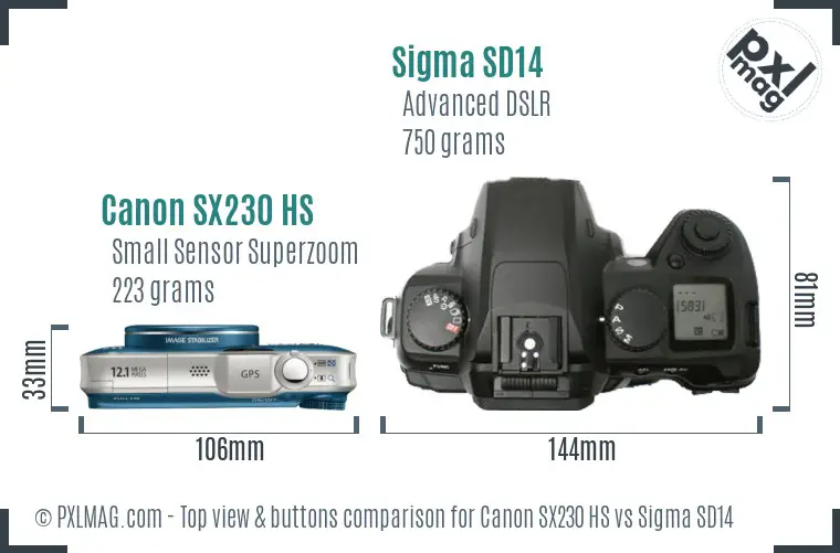Canon SX230 HS vs Sigma SD14 top view buttons comparison