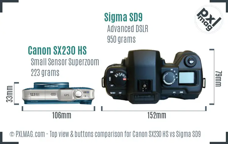 Canon SX230 HS vs Sigma SD9 top view buttons comparison