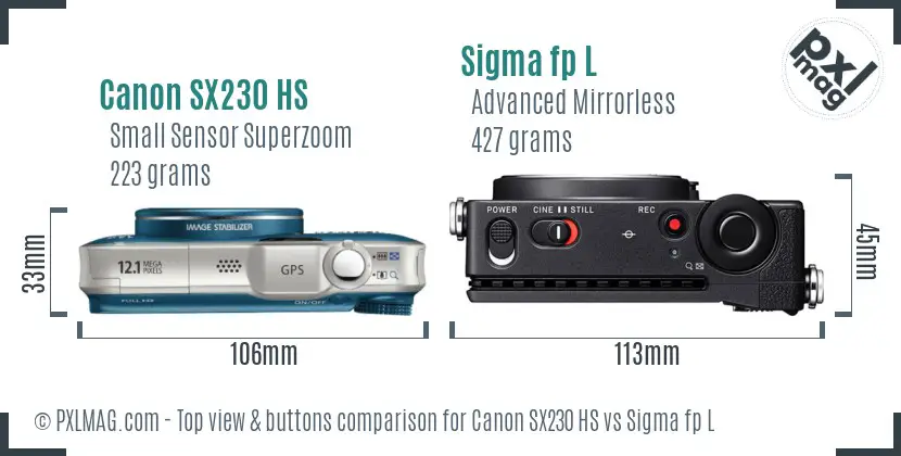 Canon SX230 HS vs Sigma fp L top view buttons comparison