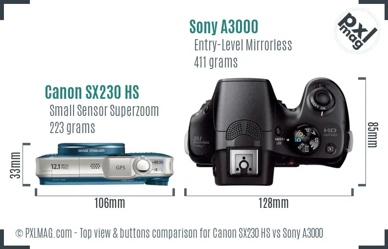 Canon SX230 HS vs Sony A3000 top view buttons comparison