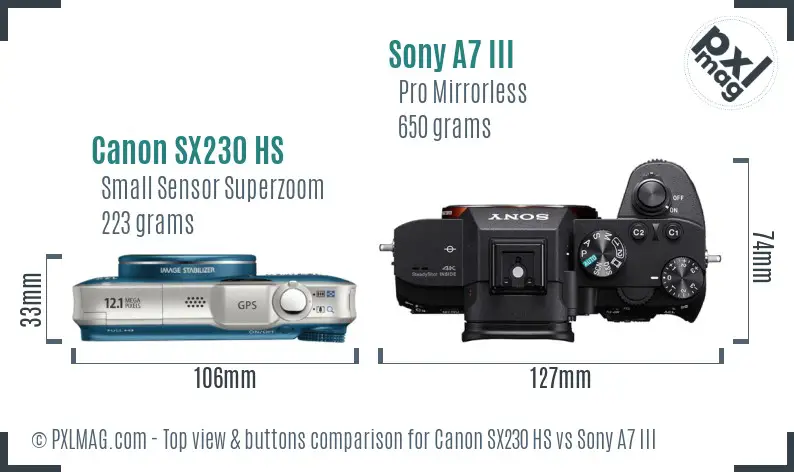 Canon SX230 HS vs Sony A7 III top view buttons comparison Canon SX230 HS vs Sony A7 III top view buttons comparison