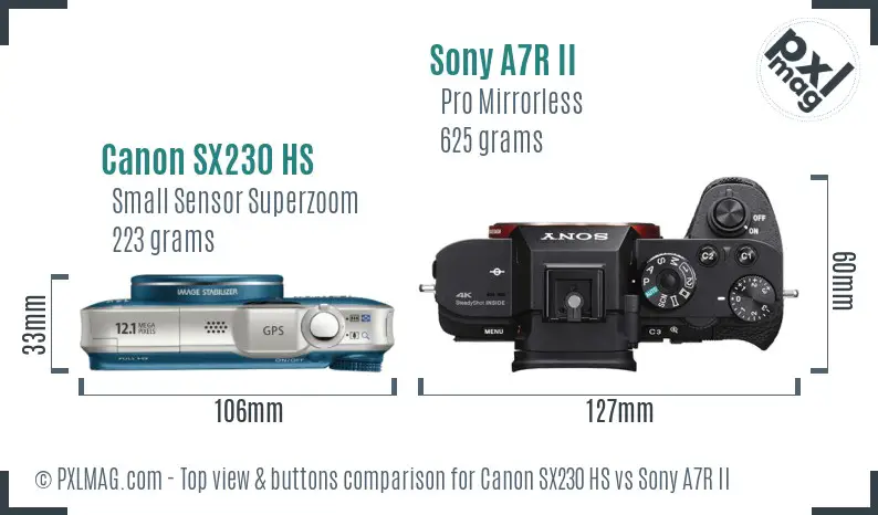 Canon SX230 HS vs Sony A7R II top view buttons comparison