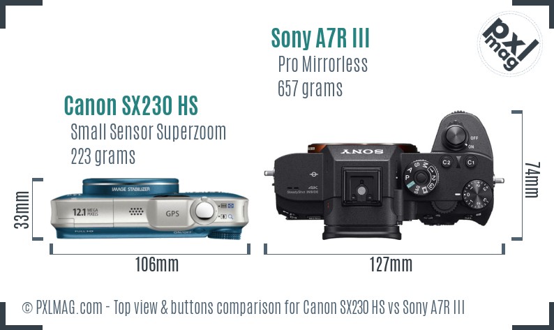 Canon SX230 HS vs Sony A7R III top view buttons comparison