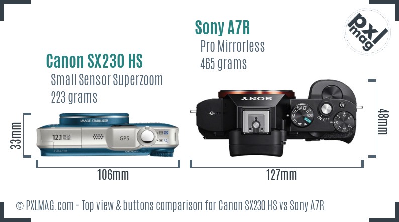 Canon SX230 HS vs Sony A7R top view buttons comparison