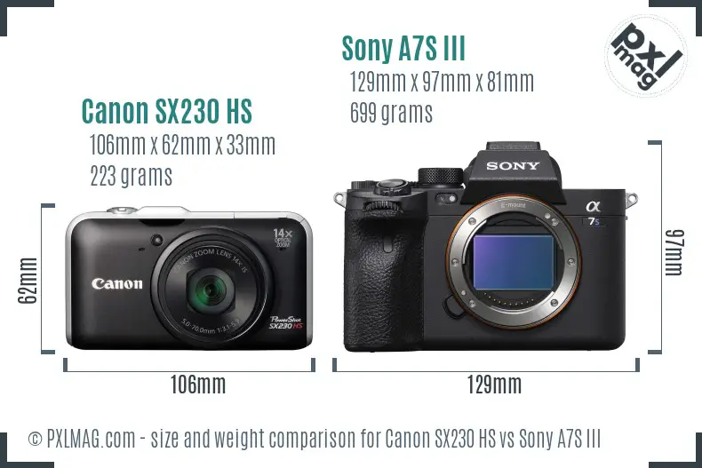 Canon SX230 HS vs Sony A7S III size comparison