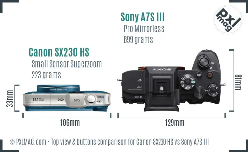 Canon SX230 HS vs Sony A7S III top view buttons comparison
