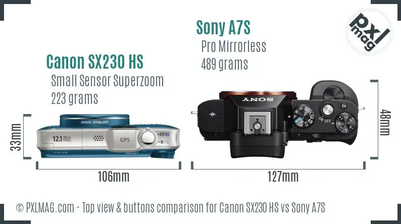 Canon SX230 HS vs Sony A7S top view buttons comparison Canon SX230 HS vs Sony A7S top view buttons comparison