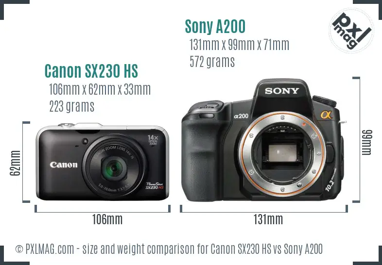 Canon SX230 HS vs Sony A200 size comparison