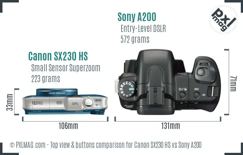 Canon SX230 HS vs Sony A200 top view buttons comparison