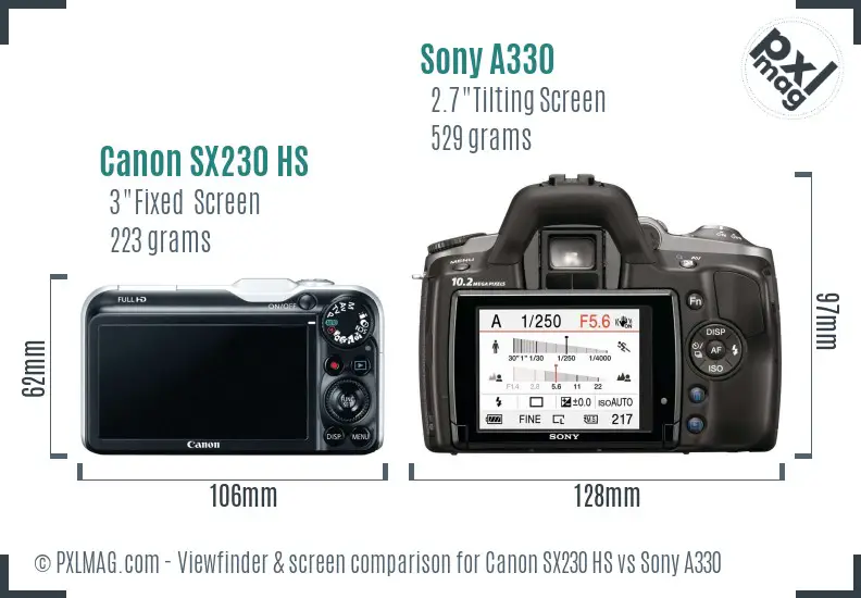 Canon SX230 HS vs Sony A330 Screen and Viewfinder comparison