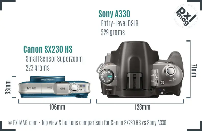 Canon SX230 HS vs Sony A330 top view buttons comparison