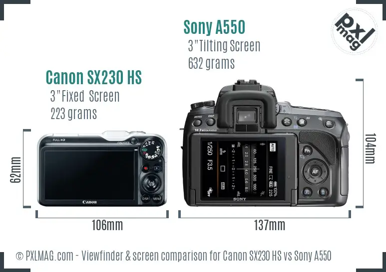 Canon SX230 HS vs Sony A550 Screen and Viewfinder comparison
