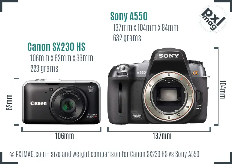 Canon SX230 HS vs Sony A550 size comparison