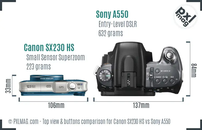 Canon SX230 HS vs Sony A550 top view buttons comparison