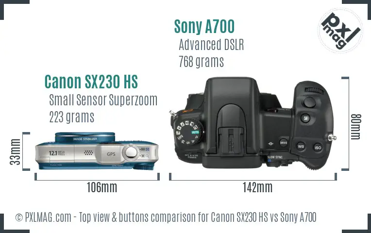 Canon SX230 HS vs Sony A700 top view buttons comparison