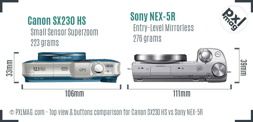 Canon SX230 HS vs Sony NEX-5R top view buttons comparison Canon SX230 HS vs Sony NEX-5R top view buttons comparison