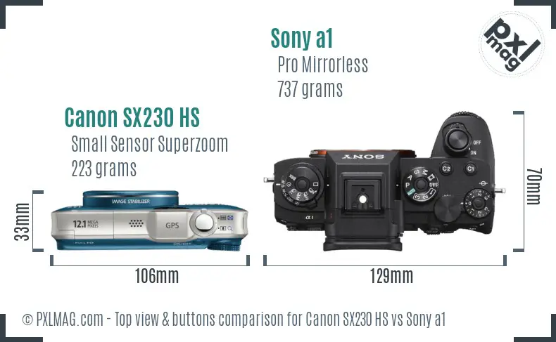 Canon SX230 HS vs Sony a1 top view buttons comparison Canon SX230 HS vs Sony a1 top view buttons comparison
