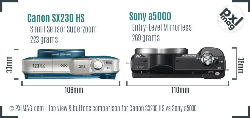 Canon SX230 HS vs Sony a5000 top view buttons comparison