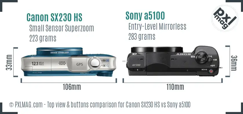 Canon SX230 HS vs Sony a5100 top view buttons comparison