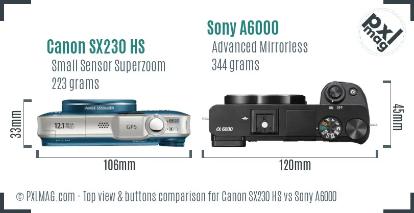 Canon SX230 HS vs Sony A6000 top view buttons comparison