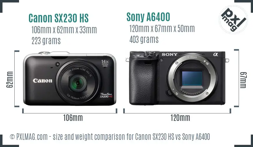 Canon SX230 HS vs Sony A6400 size comparison