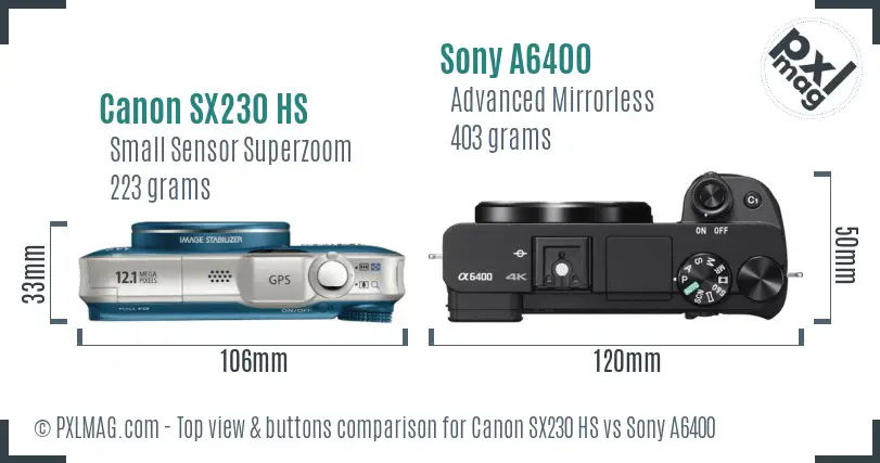 Canon SX230 HS vs Sony A6400 top view buttons comparison