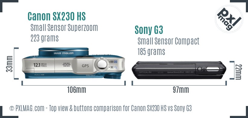 Canon SX230 HS vs Sony G3 top view buttons comparison