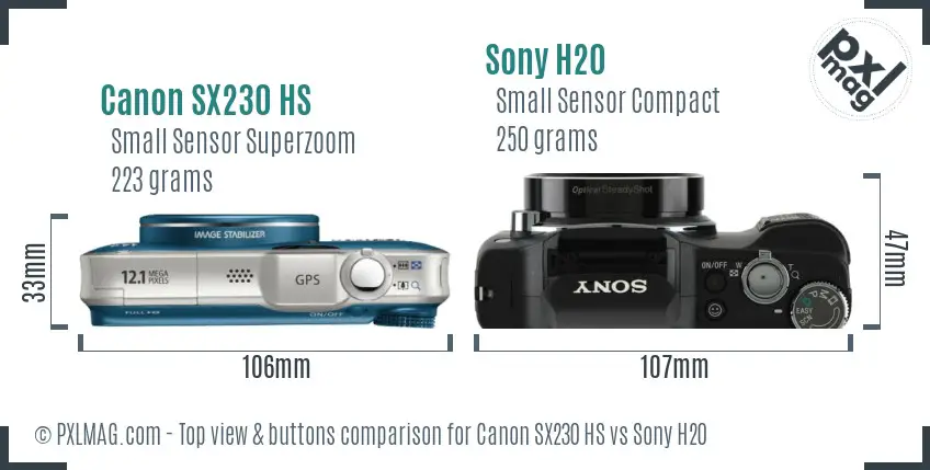 Canon SX230 HS vs Sony H20 top view buttons comparison