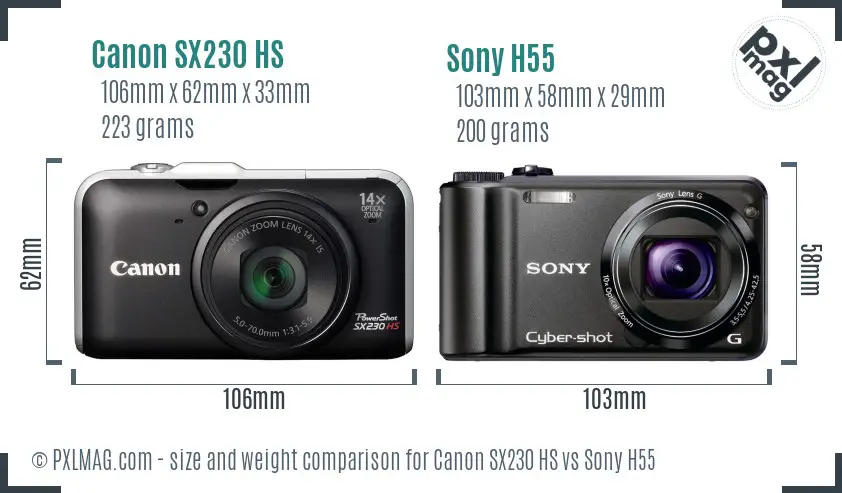 Canon SX230 HS vs Sony H55 size comparison