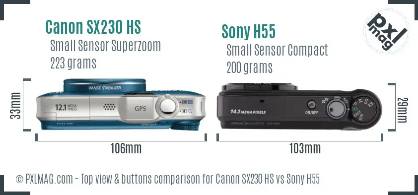 Canon SX230 HS vs Sony H55 top view buttons comparison