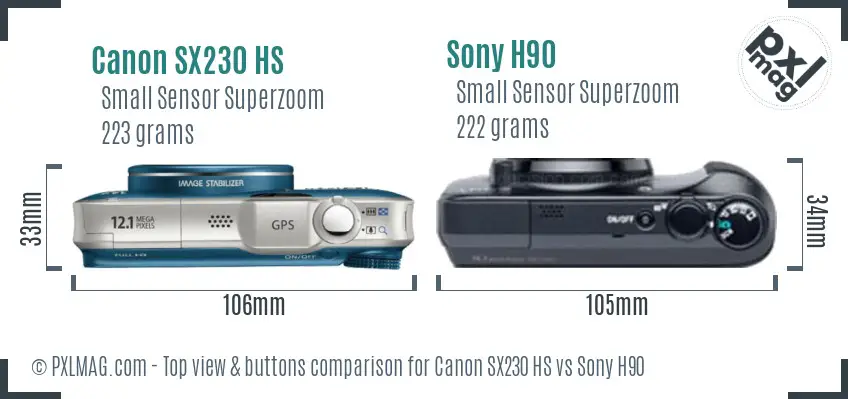 Canon SX230 HS vs Sony H90 top view buttons comparison