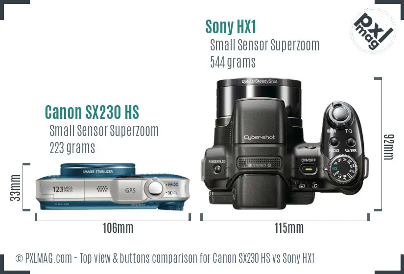 Canon SX230 HS vs Sony HX1 top view buttons comparison