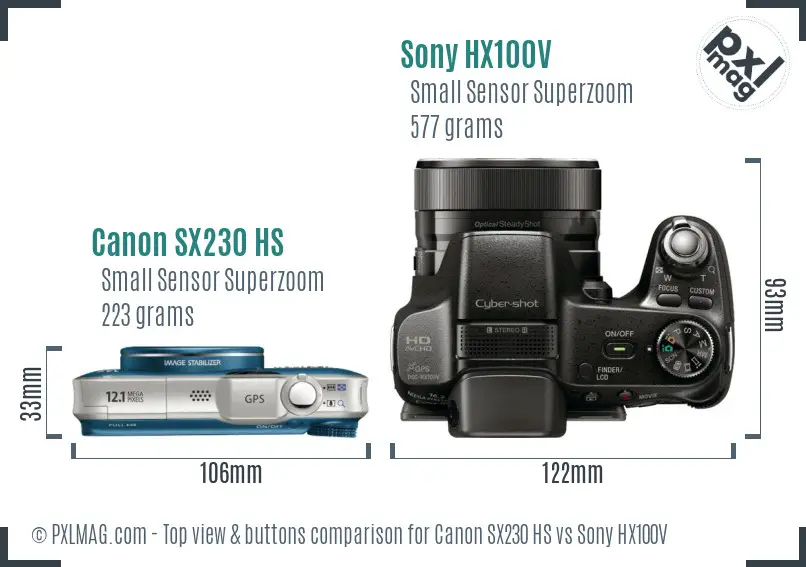 Canon SX230 HS vs Sony HX100V top view buttons comparison