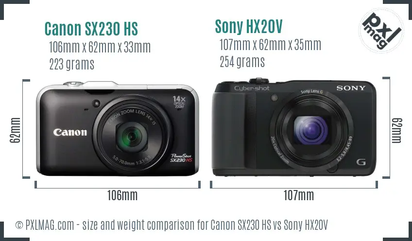 Canon SX230 HS vs Sony HX20V size comparison