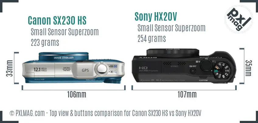 Canon SX230 HS vs Sony HX20V top view buttons comparison