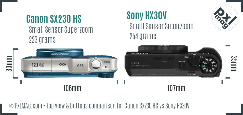 Canon SX230 HS vs Sony HX30V top view buttons comparison Canon SX230 HS vs Sony HX30V top view buttons comparison