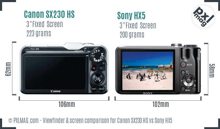 Canon SX230 HS vs Sony HX5 Screen and Viewfinder comparison
