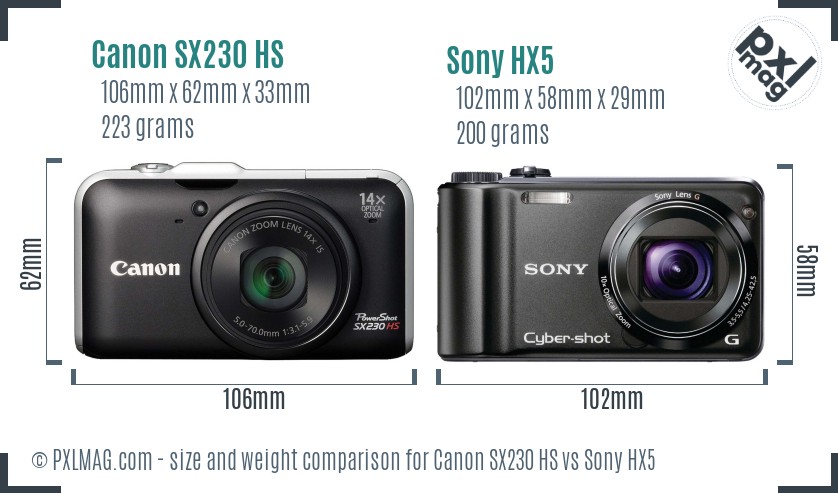Canon SX230 HS vs Sony HX5 size comparison