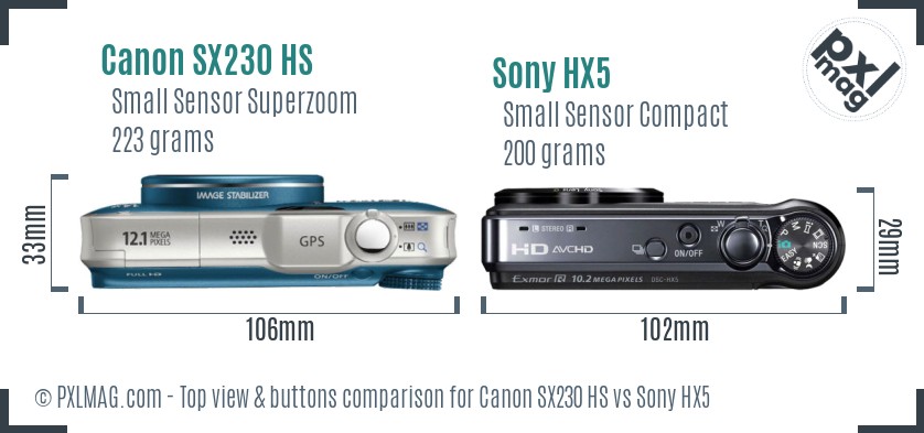Canon SX230 HS vs Sony HX5 top view buttons comparison