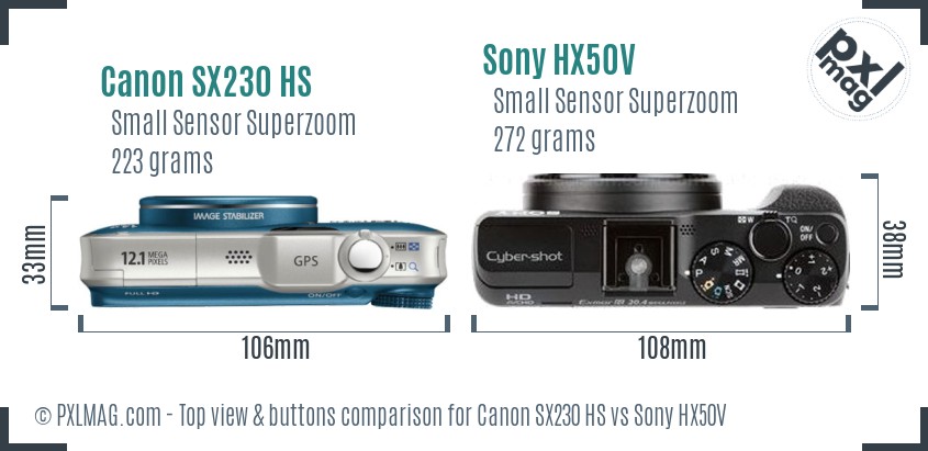 Canon SX230 HS vs Sony HX50V top view buttons comparison