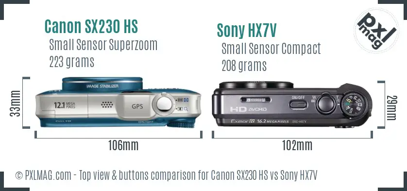 Canon SX230 HS vs Sony HX7V top view buttons comparison Canon SX230 HS vs Sony HX7V top view buttons comparison