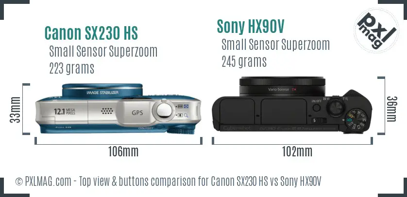 Canon SX230 HS vs Sony HX90V top view buttons comparison